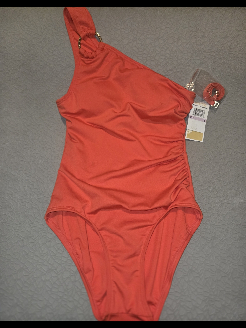Michael Kors One-Shoulder Ring-Accent Swimsuit in Bright Orange/red NWT Size 6 - Picture 3 of 6